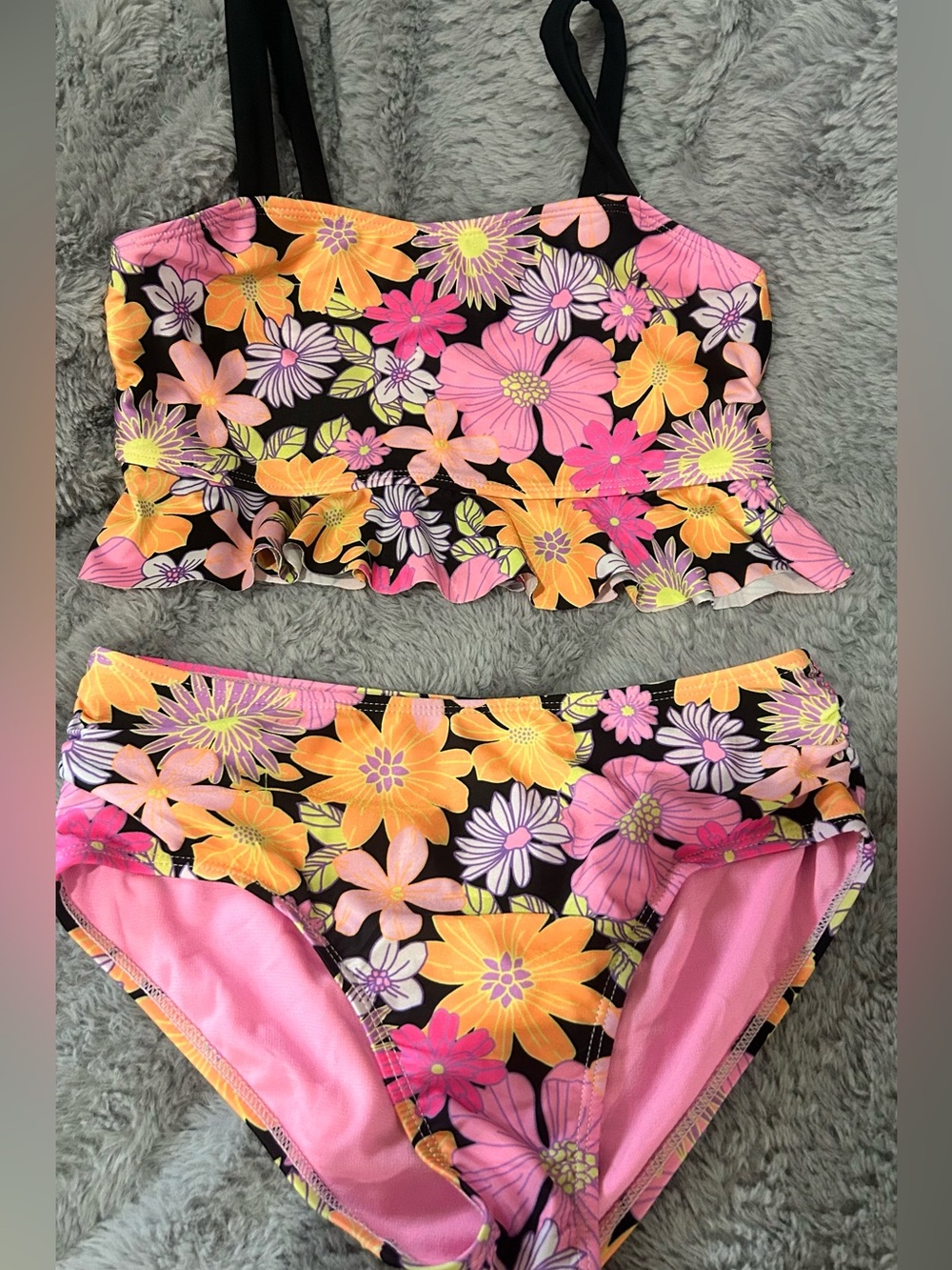 Girl’s L (10/12) Floral Ruffle Tankini Set in Black with Pink & Yellow Flowers